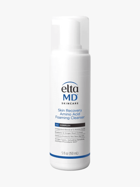 EltaMD Skin Recovery Amino Acid Foaming Cleanser in branded component on a light gray background