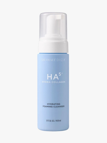 SkinMedica HA5 Hydrating Foam Cleanser blue bottle on light gray background